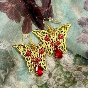 New Elegant Gold Butterfly Earrings with Red Accents